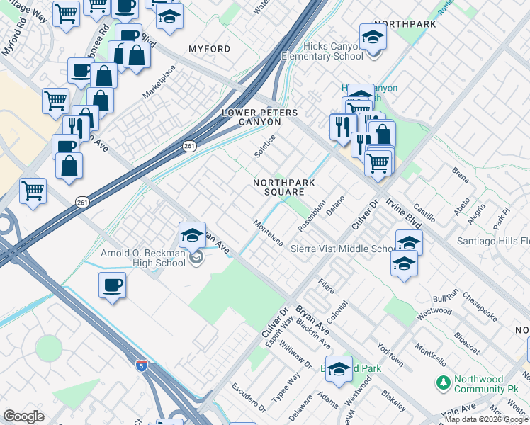 map of restaurants, bars, coffee shops, grocery stores, and more near 9 Longvale in Irvine