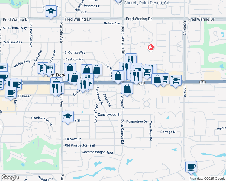 map of restaurants, bars, coffee shops, grocery stores, and more near 74375 El Camino in Palm Desert