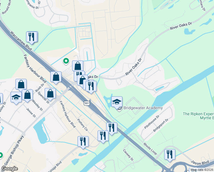 map of restaurants, bars, coffee shops, grocery stores, and more near 65-D River Oaks Drive in Myrtle Beach