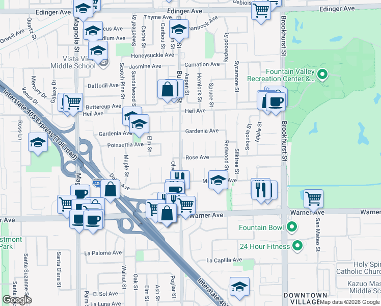 map of restaurants, bars, coffee shops, grocery stores, and more near 16705 Cedar Circle in Fountain Valley