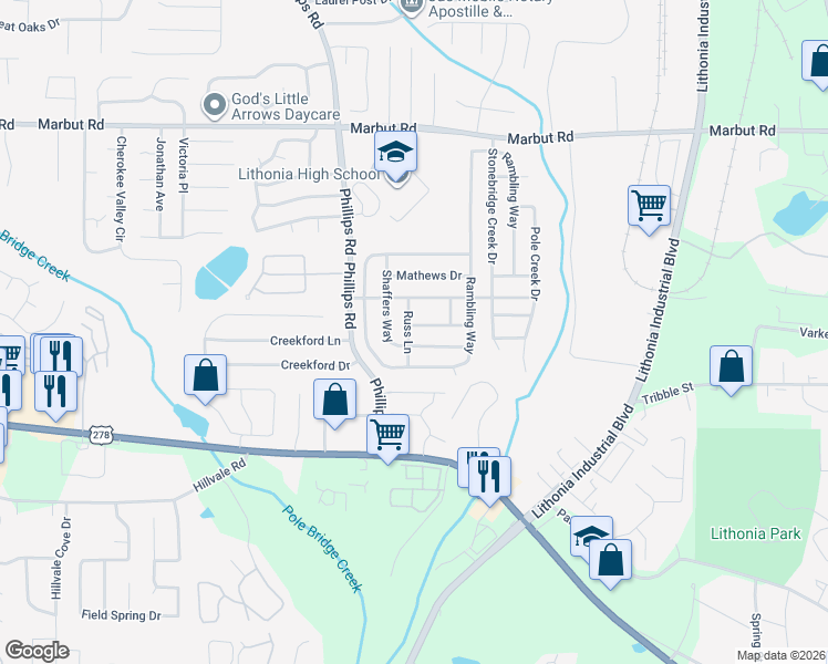 map of restaurants, bars, coffee shops, grocery stores, and more near 2945 Russ Lane in Lithonia