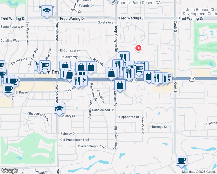map of restaurants, bars, coffee shops, grocery stores, and more near 9 Deep Canyon Road in Palm Desert