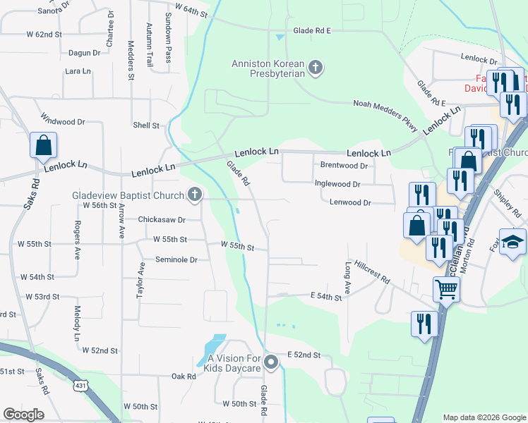 map of restaurants, bars, coffee shops, grocery stores, and more near 5615 Glade Road in Anniston