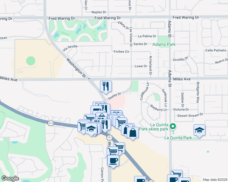 map of restaurants, bars, coffee shops, grocery stores, and more near 45245 Seeley Drive in La Quinta