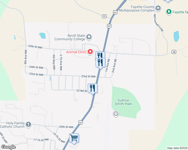 map of restaurants, bars, coffee shops, grocery stores, and more near 110 23rd Street Northwest in Fayette