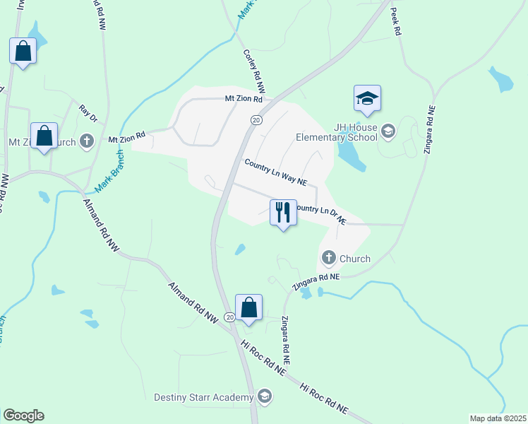 map of restaurants, bars, coffee shops, grocery stores, and more near Creekview Court Northeast in Conyers