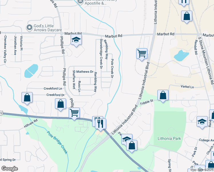 map of restaurants, bars, coffee shops, grocery stores, and more near 6712 Pole Creek Drive in Lithonia