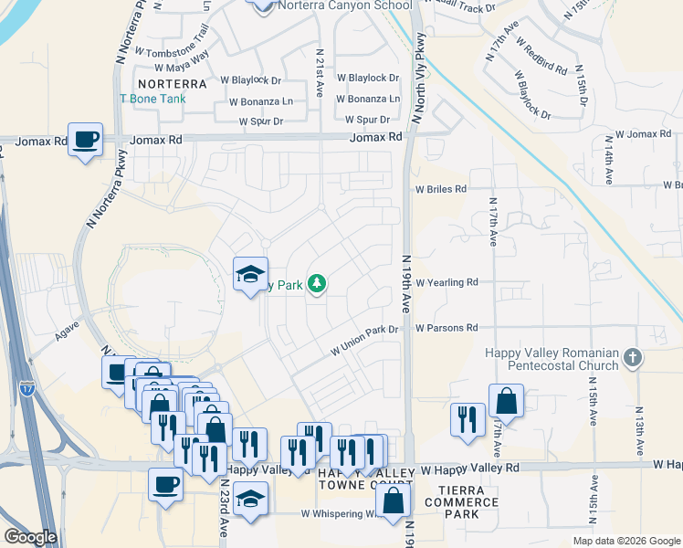 map of restaurants, bars, coffee shops, grocery stores, and more near 1945 West Yearling Road in Phoenix