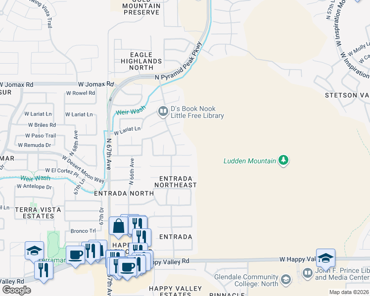 map of restaurants, bars, coffee shops, grocery stores, and more near 6340 West Prickly Pear Trail in Phoenix