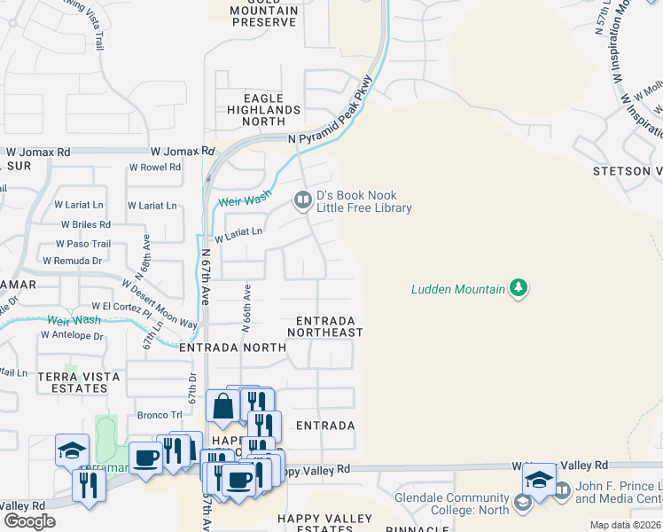 map of restaurants, bars, coffee shops, grocery stores, and more near 6340 West Prickly Pear Trail in Phoenix