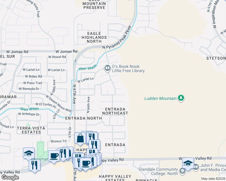 map of restaurants, bars, coffee shops, grocery stores, and more near 6340 West Prickly Pear Trail in Phoenix