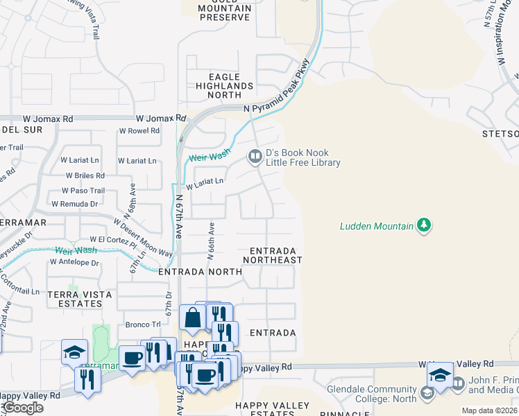 map of restaurants, bars, coffee shops, grocery stores, and more near 25810 North 64th Lane in Phoenix