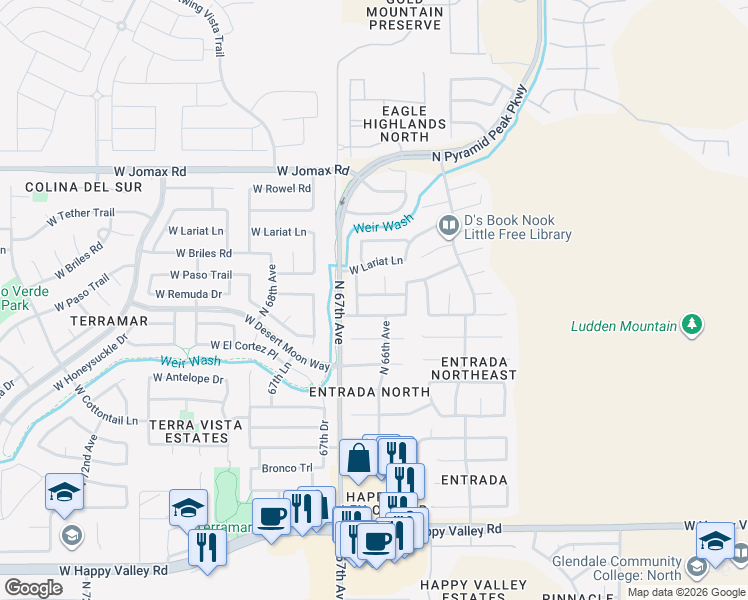 map of restaurants, bars, coffee shops, grocery stores, and more near 6606 West Prickly Pear Trail in Phoenix