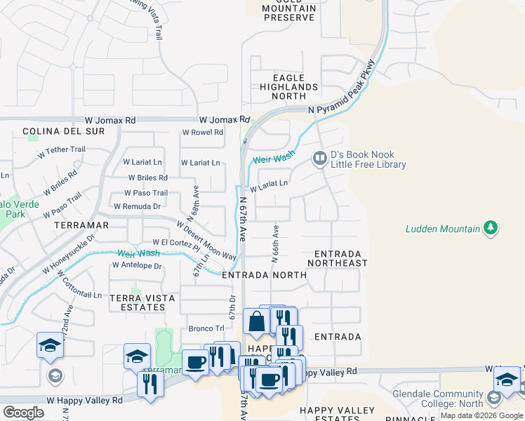 map of restaurants, bars, coffee shops, grocery stores, and more near 6606 West Prickly Pear Trail in Phoenix