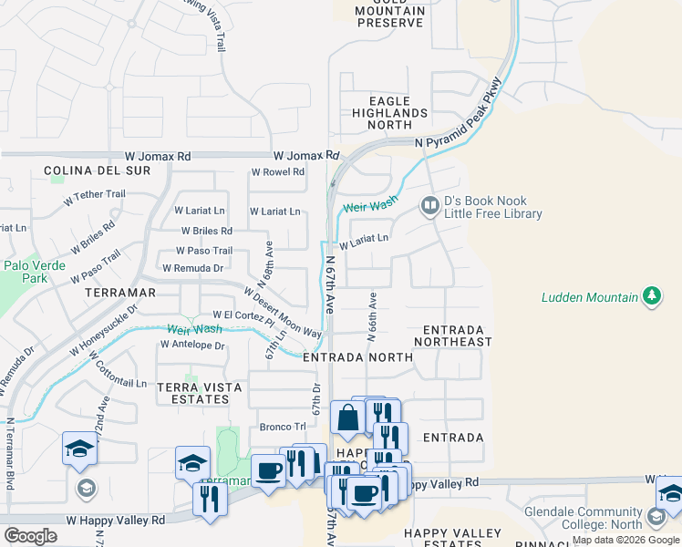 map of restaurants, bars, coffee shops, grocery stores, and more near 25812 North 66th Drive in Phoenix