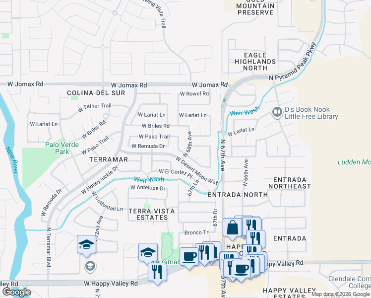 map of restaurants, bars, coffee shops, grocery stores, and more near 25817 68th Lane in Peoria