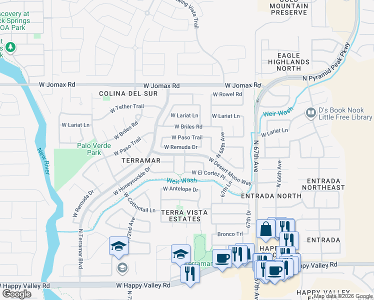 map of restaurants, bars, coffee shops, grocery stores, and more near 6894 West Honeysuckle Drive in Peoria