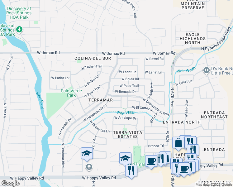 map of restaurants, bars, coffee shops, grocery stores, and more near 6938 West Honeysuckle Drive in Peoria