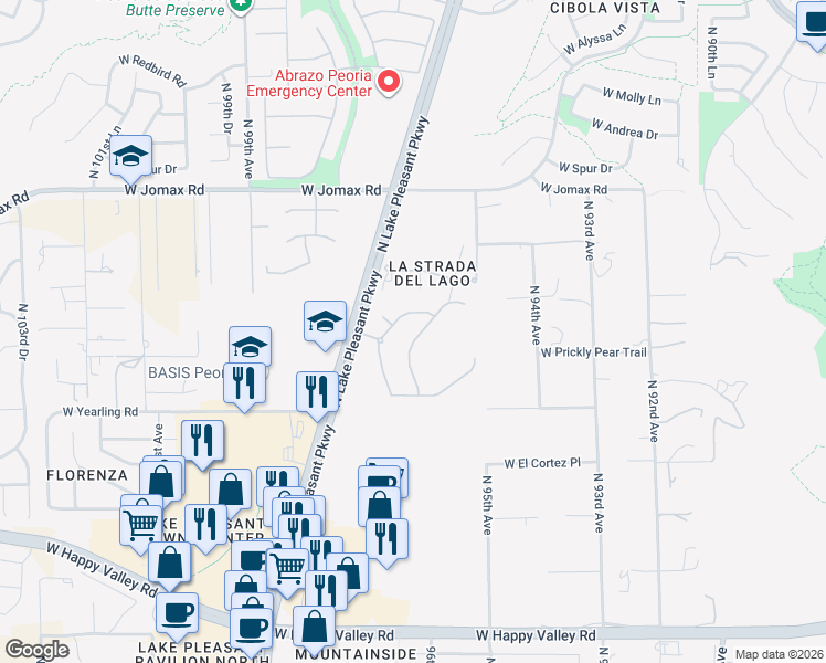map of restaurants, bars, coffee shops, grocery stores, and more near 26077 North 96th Avenue in Peoria