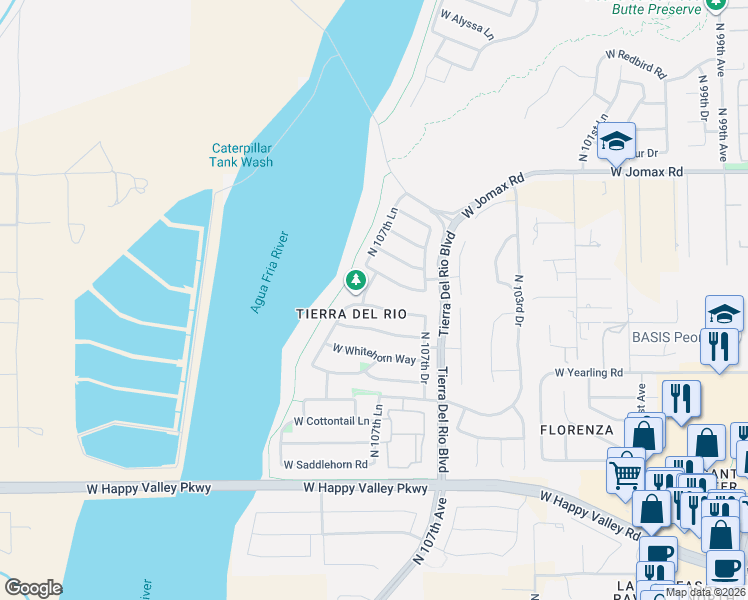 map of restaurants, bars, coffee shops, grocery stores, and more near 10759 West Paso Trail in Peoria