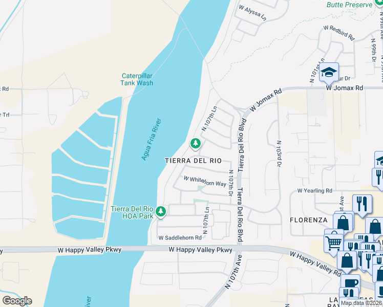 map of restaurants, bars, coffee shops, grocery stores, and more near 10759 West Paso Trail in Peoria