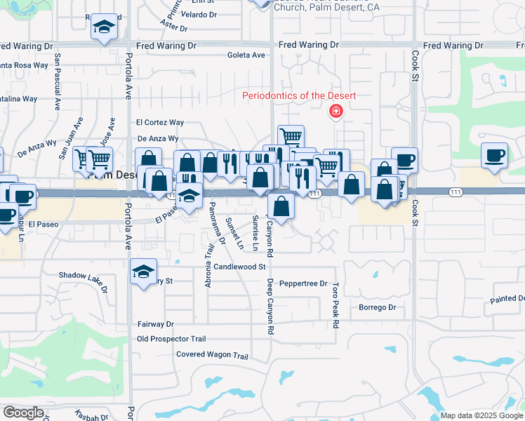 map of restaurants, bars, coffee shops, grocery stores, and more near 9 Deep Canyon Road in Palm Desert