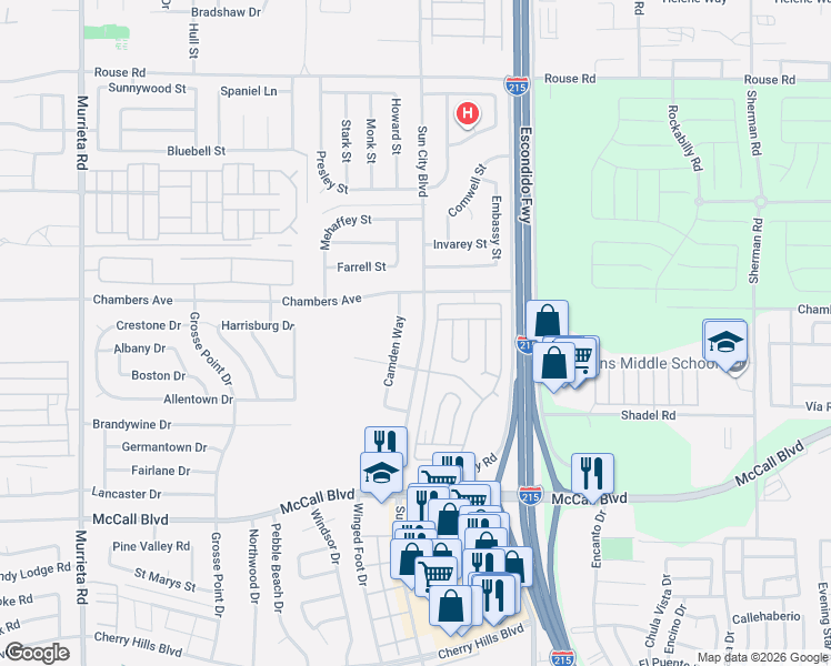 map of restaurants, bars, coffee shops, grocery stores, and more near 27701 Sun City Boulevard in Menifee