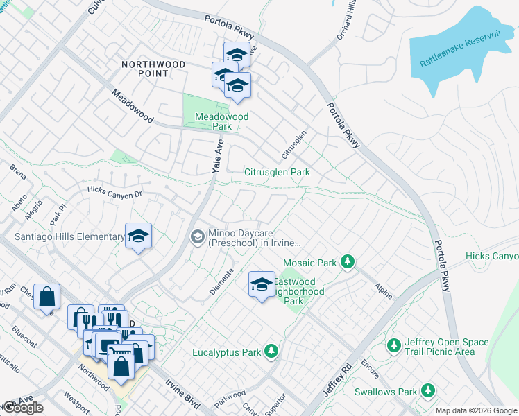 map of restaurants, bars, coffee shops, grocery stores, and more near 3 Trovita in Irvine