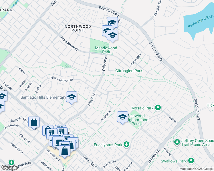 map of restaurants, bars, coffee shops, grocery stores, and more near 6 Redonda in Irvine