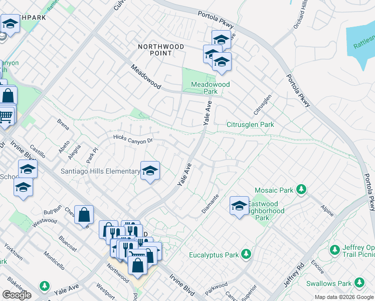 map of restaurants, bars, coffee shops, grocery stores, and more near 3 Delamesa East in Irvine