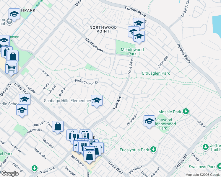 map of restaurants, bars, coffee shops, grocery stores, and more near 19 Campanero East in Irvine