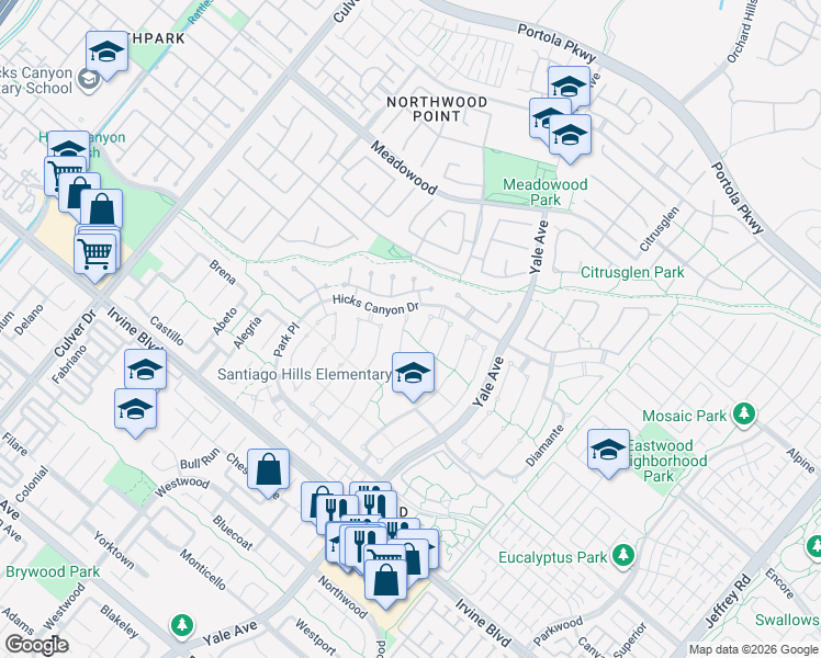 map of restaurants, bars, coffee shops, grocery stores, and more near 20 Campanero West in Irvine