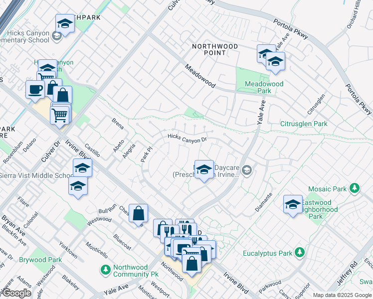 map of restaurants, bars, coffee shops, grocery stores, and more near 8 Glorieta East in Irvine
