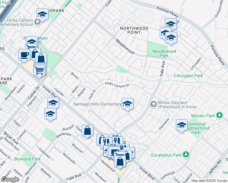map of restaurants, bars, coffee shops, grocery stores, and more near 8 Glorieta East in Irvine