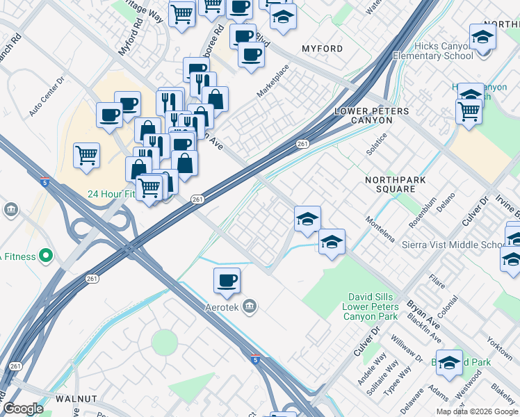 map of restaurants, bars, coffee shops, grocery stores, and more near 523 Wycliffe in Irvine