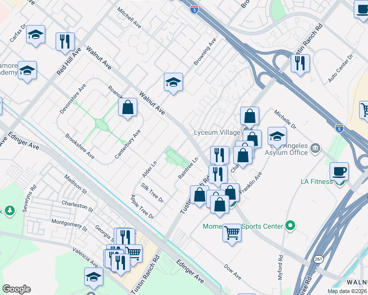 map of restaurants, bars, coffee shops, grocery stores, and more near 14552 Pepper Tree Circle in Tustin