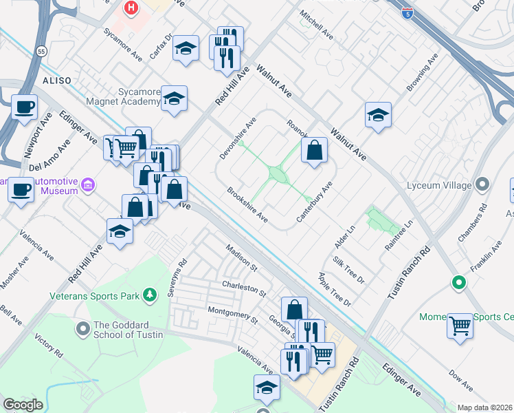 map of restaurants, bars, coffee shops, grocery stores, and more near 1862 Brookshire Avenue in Tustin