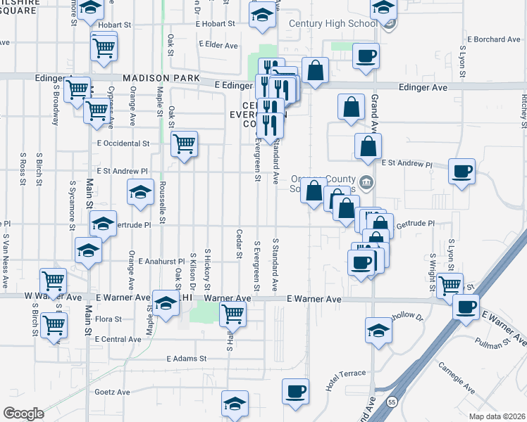 map of restaurants, bars, coffee shops, grocery stores, and more near 2084 Evergreen Street in Santa Ana