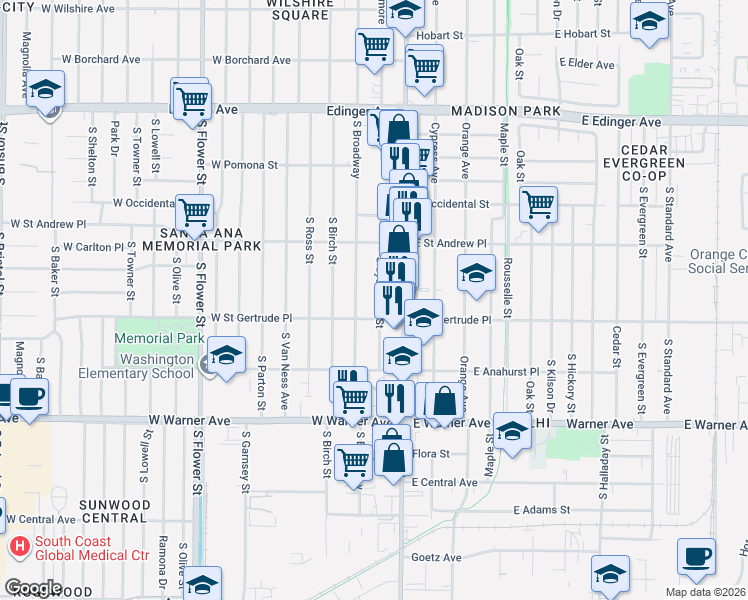 map of restaurants, bars, coffee shops, grocery stores, and more near 2071 South Sycamore Street in Santa Ana