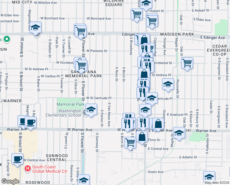 map of restaurants, bars, coffee shops, grocery stores, and more near 2075 South Ross Street in Santa Ana
