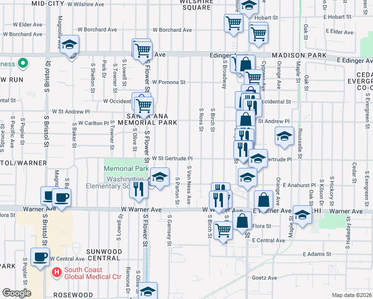 map of restaurants, bars, coffee shops, grocery stores, and more near 2070 South Van Ness Avenue in Santa Ana