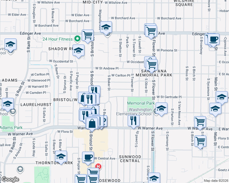 map of restaurants, bars, coffee shops, grocery stores, and more near 1101 West Saint Gertrude Place in Santa Ana