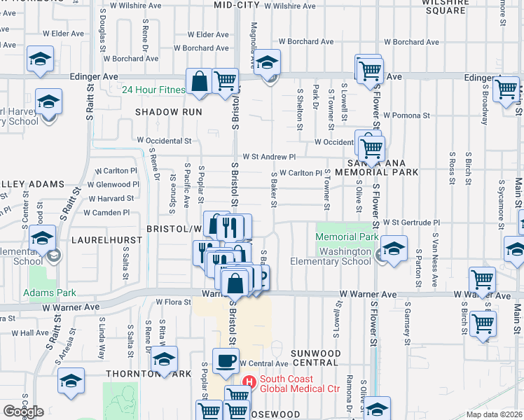 map of restaurants, bars, coffee shops, grocery stores, and more near 1205 West Saint Anne Place in Santa Ana
