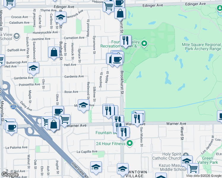 map of restaurants, bars, coffee shops, grocery stores, and more near 9948 Petunia Avenue in Fountain Valley