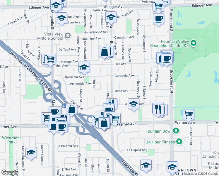 map of restaurants, bars, coffee shops, grocery stores, and more near 9514 Rose Avenue in Fountain Valley