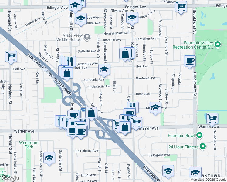 map of restaurants, bars, coffee shops, grocery stores, and more near 9352 Lily Avenue in Fountain Valley