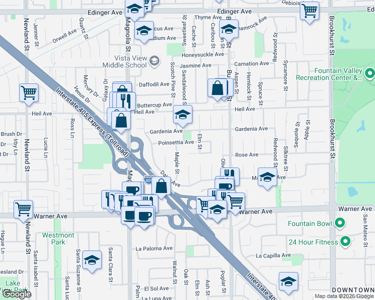 map of restaurants, bars, coffee shops, grocery stores, and more near 16730 Maple Street in Fountain Valley