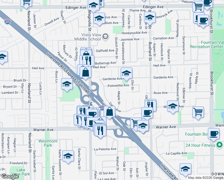 map of restaurants, bars, coffee shops, grocery stores, and more near 16721 Oleander Circle in Fountain Valley
