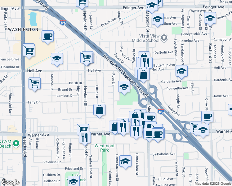 map of restaurants, bars, coffee shops, grocery stores, and more near 16692 Ross Lane in Huntington Beach