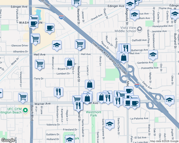 map of restaurants, bars, coffee shops, grocery stores, and more near 8651 Ferguson Circle in Huntington Beach